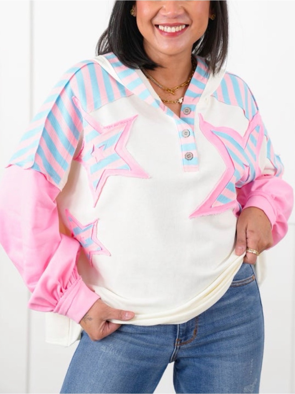 Colorblock Cream Pullover with Pink & Light Blue Star Accents